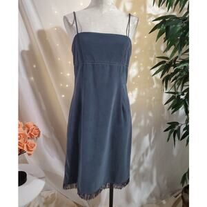 Vtg Rampage 90s Y2K Faux Suede Fringe Mesh Cutout Dress Junior Size 11 Blue Boho